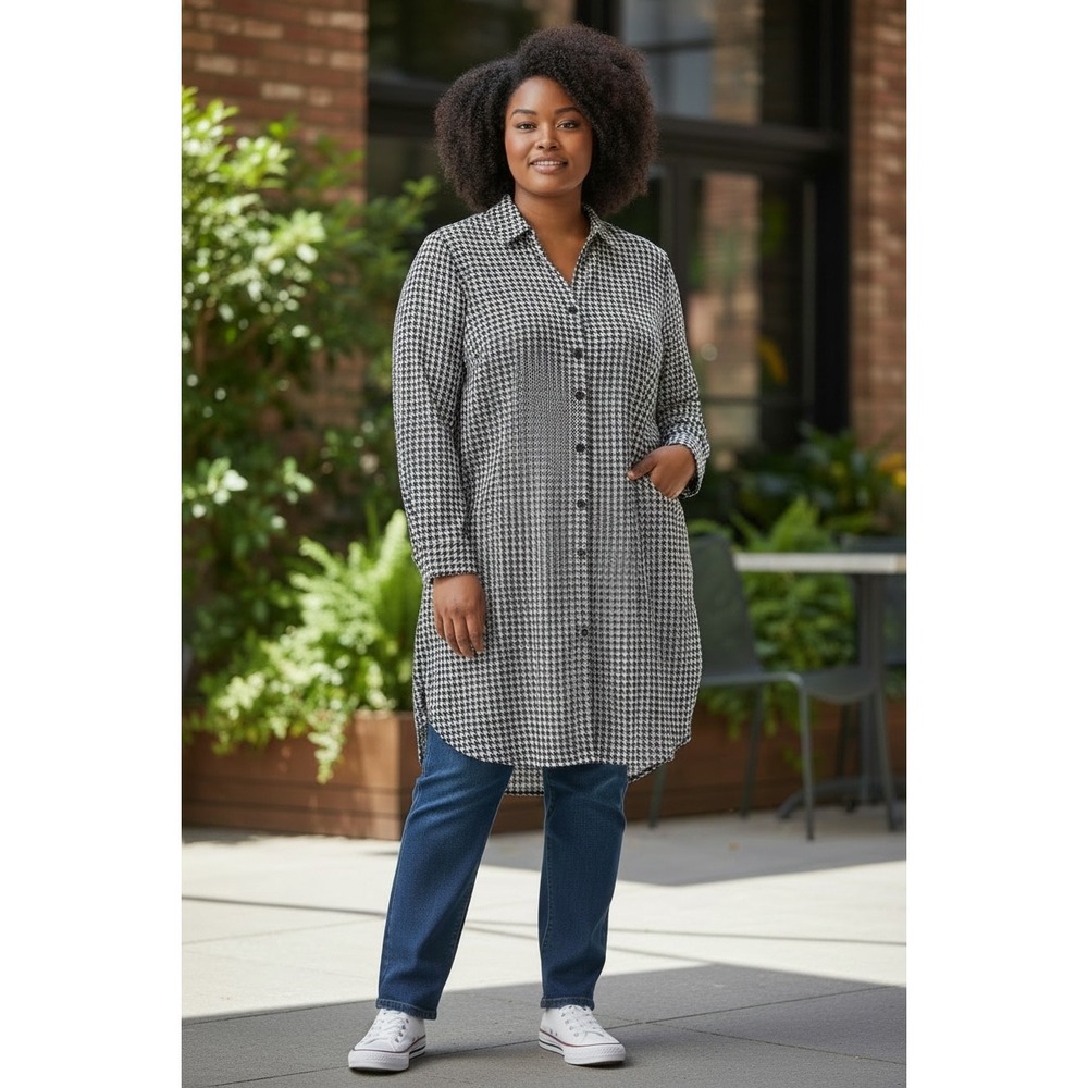 Chicos Houndstooth Button Down Tunic Shirt Black White Cotton Stretch Size 3 XL